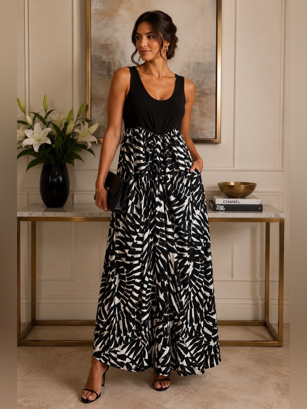 Nicole Miller New York Maxi Dress Black White Abstract Print Sleeveless Pockets